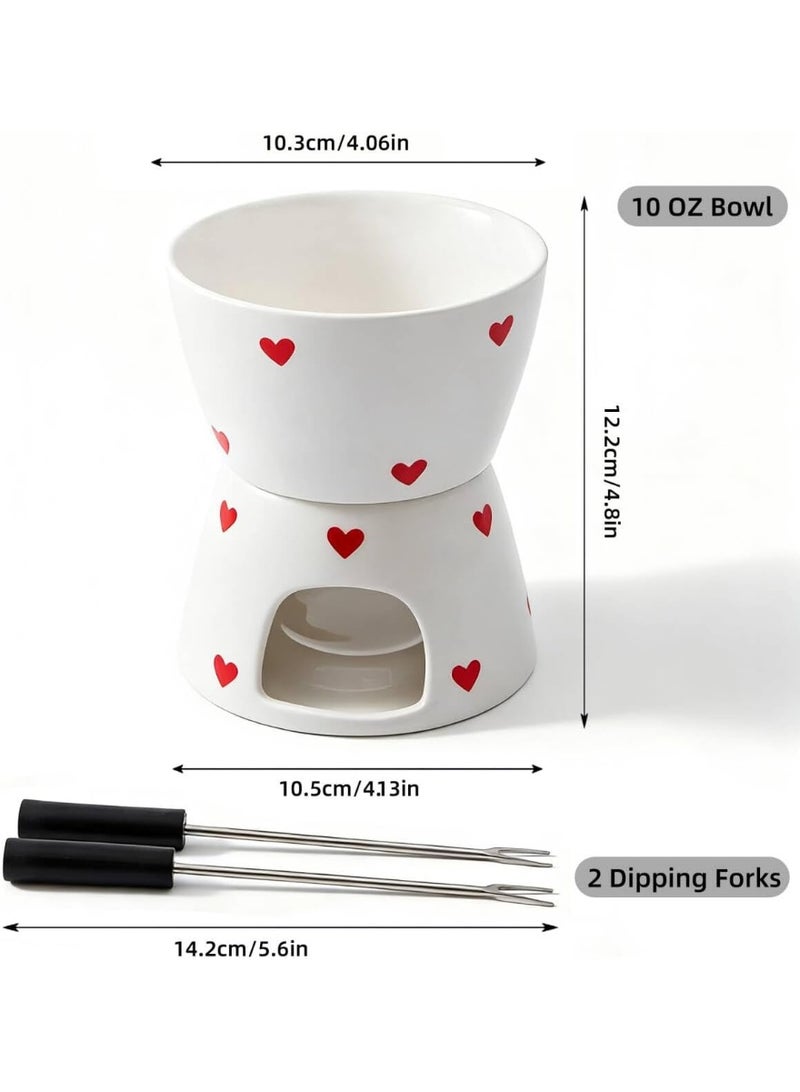 Bukela كوب فوندو الجبنة الحلوة مع شوكتين للغمس، مجموعة أكواب ذوبان الشوكولاتة الخزفية البيضاء، دافئ زبدة لطيف للمأكولات البحرية، ذوبان شوكولاتة فريدة للمواعيد/الذكرى/هدية/عيد الميلاد (حب أبيض) - Image 2